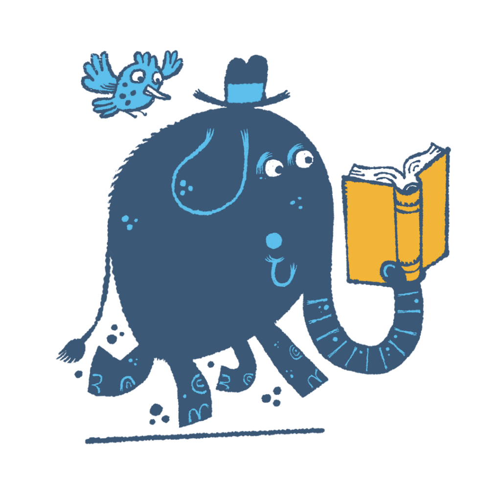 Chip and Potato, a blue bird and elephant, reading. Chip and Potato are the YO! mascots.